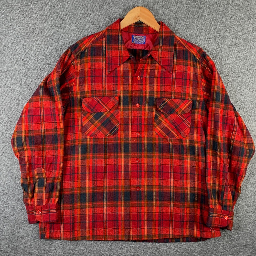 Vtg 60s Pendleton Board Shirt Men XL Red Shadow Tartan Plaid Cholo Chicano